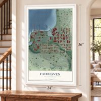 Fairhaven, Washington map, 24 x 36 inch print in a white frame by a staircase