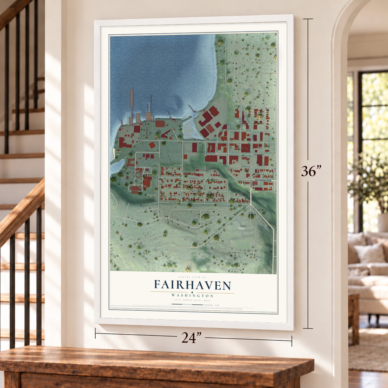 Fairhaven, Washington map, 24 x 36 inch print in a white frame by a staircase