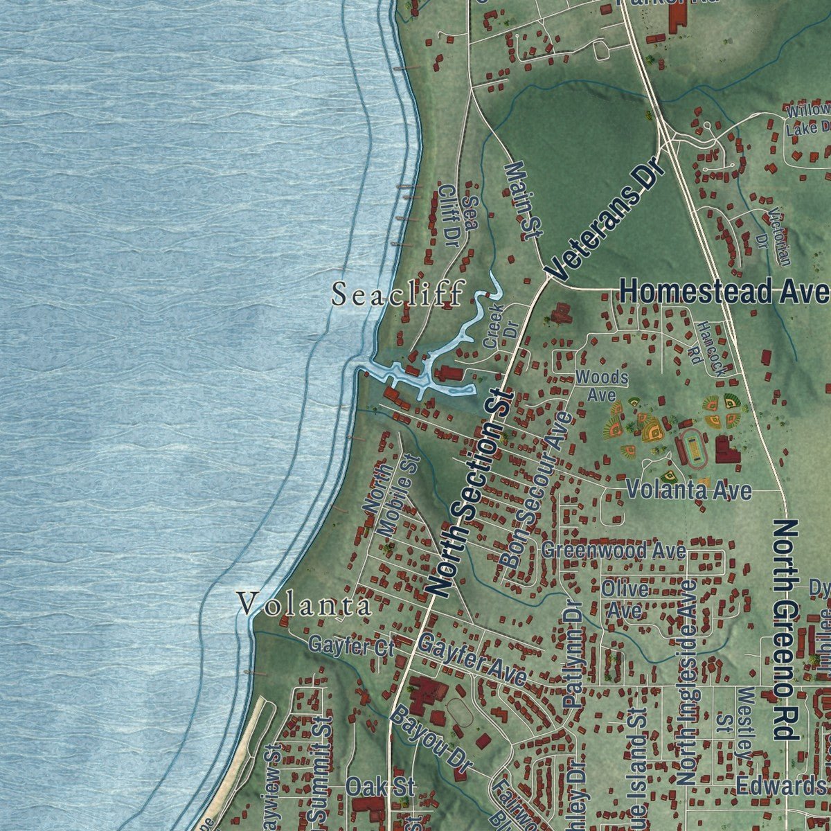 Second close-up of the map of Fairhope, Alabama print showing more streets and buildings