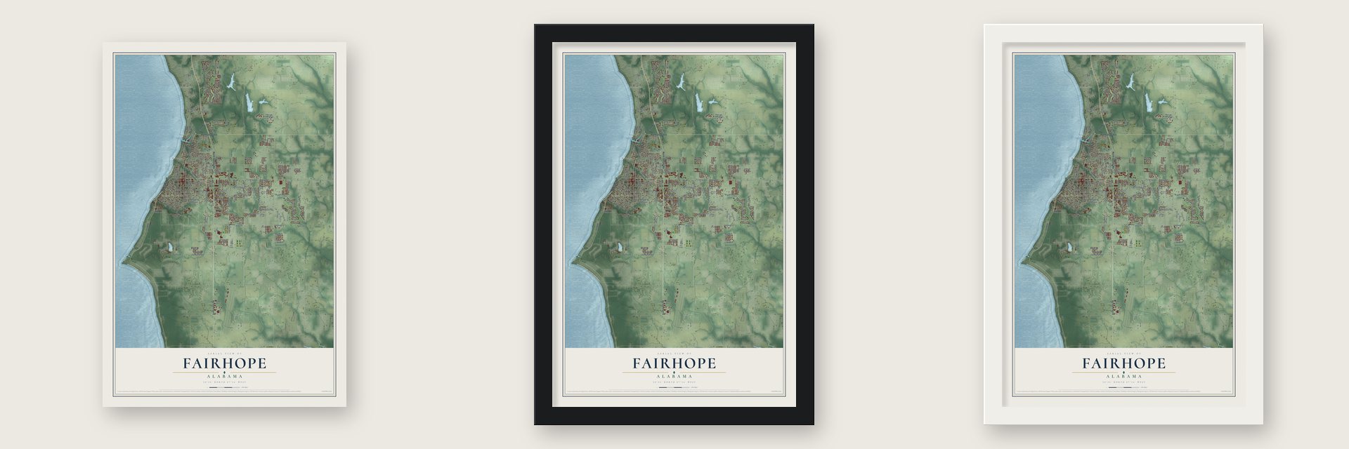Fairhope, Alabama map unframed, in a black wood frame and in a white wood frame