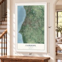 Fairhope, Alabama map, 24 x 36 inch print in a white frame by a staircase