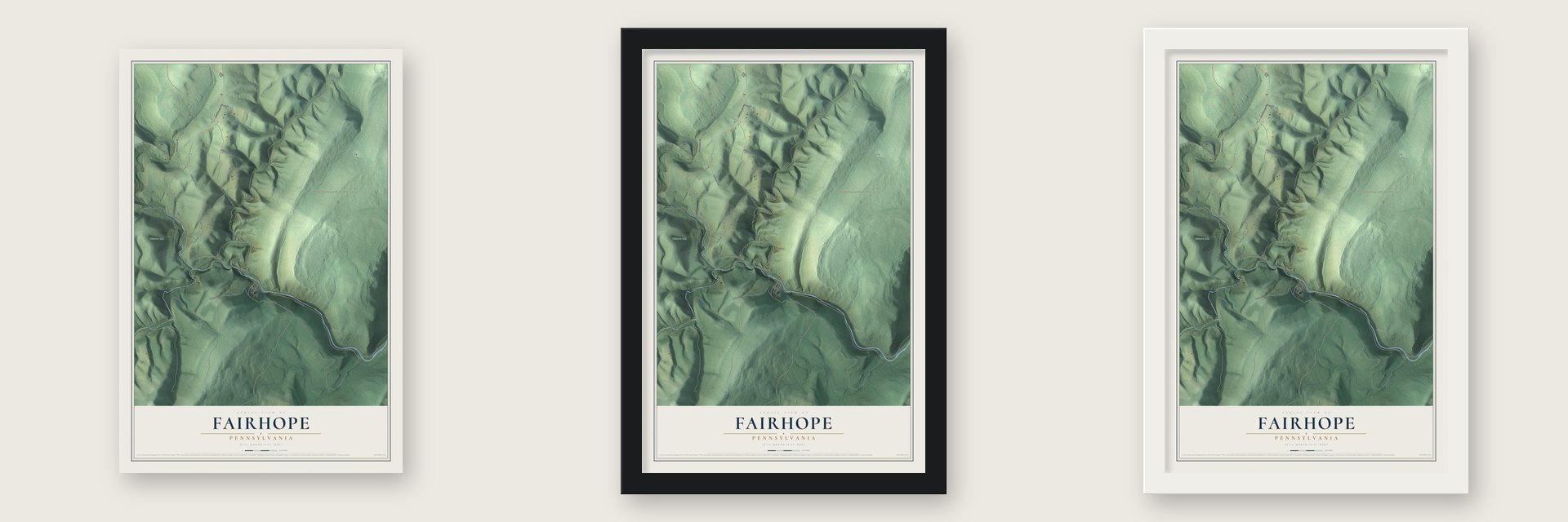 Fairhope, Pennsylvania map unframed, in a black wood frame and in a white wood frame