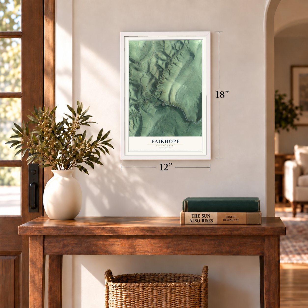 Fairhope, Pennsylvania map, 12 x 18 inch print in a white frame in an entryway
