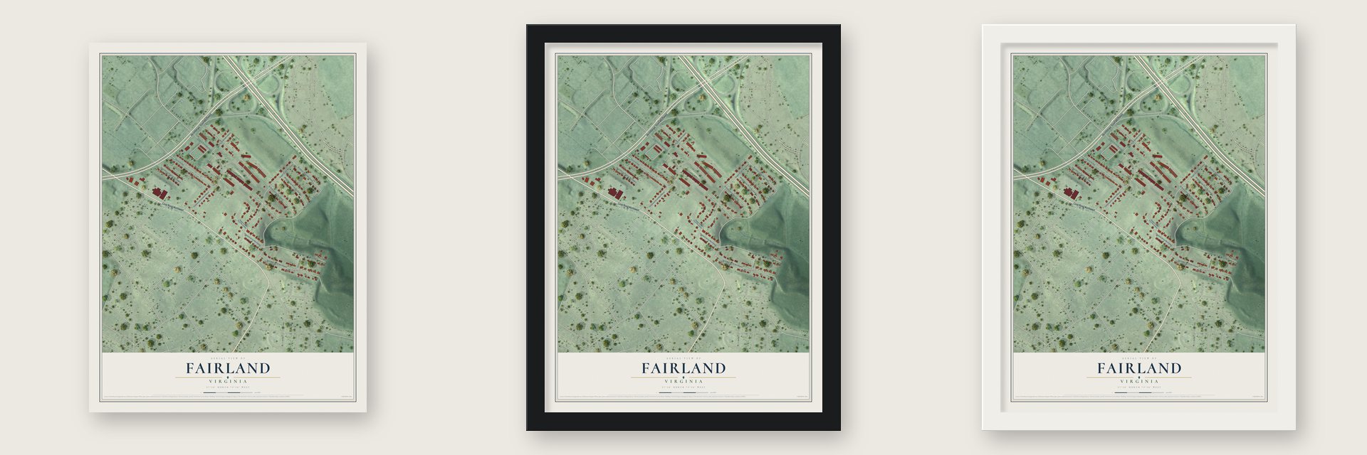 Fairland, Virginia map unframed, in a black wood frame and in a white wood frame