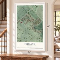 Fairland, Virginia map, 24 x 36 inch print in a white frame by a staircase
