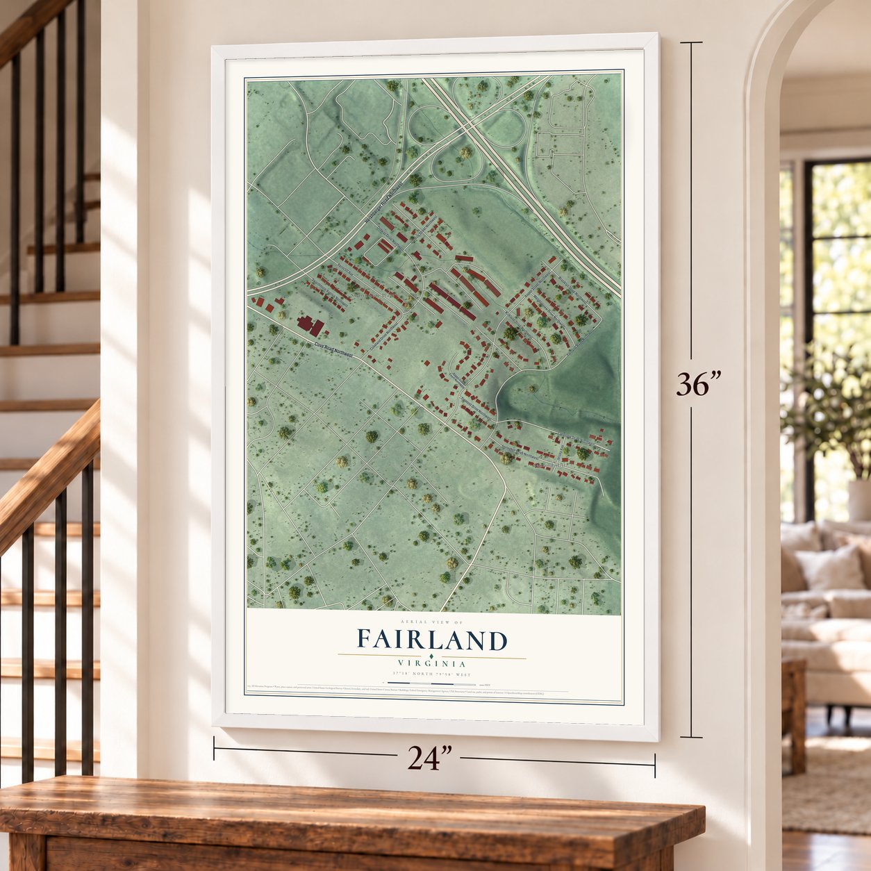 Fairland, Virginia map, 24 x 36 inch print in a white frame by a staircase