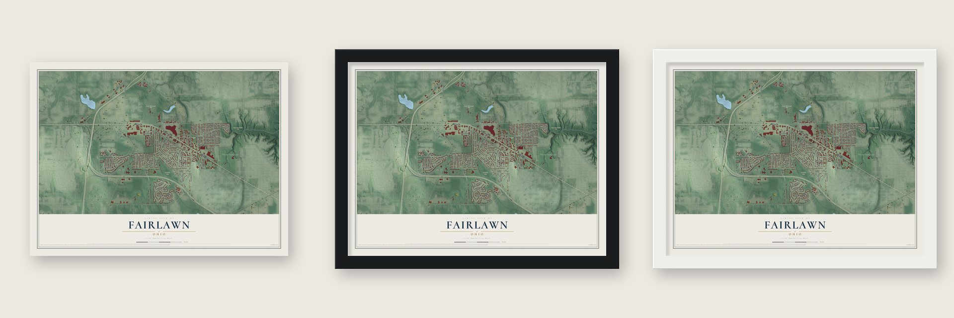Fairlawn, Ohio map unframed, in a black wood frame and in a white wood frame