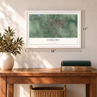 Fairlawn, Ohio map, 12 x 18 inch print in a white frame in an entryway