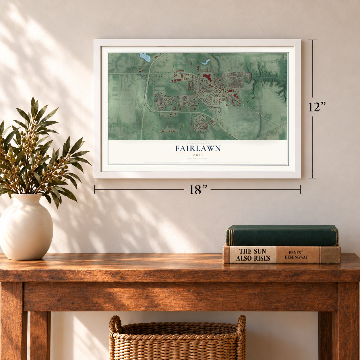 Fairlawn, Ohio map, 12 x 18 inch print in a white frame in an entryway