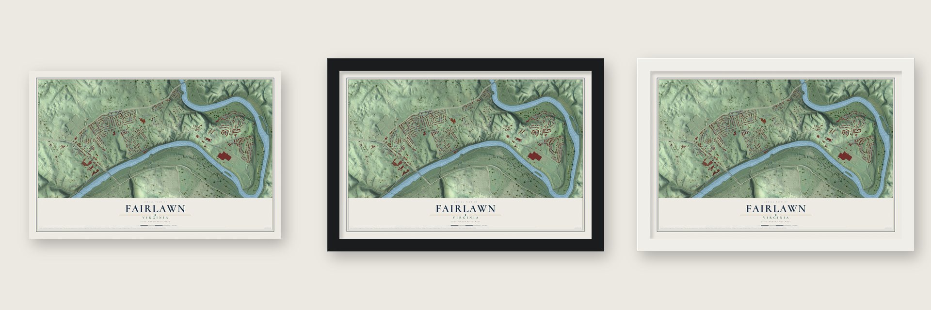 Fairlawn, Virginia map unframed, in a black wood frame and in a white wood frame