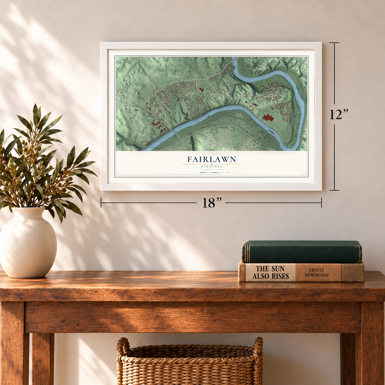 Fairlawn, Virginia map, 12 x 18 inch print in a white frame in an entryway