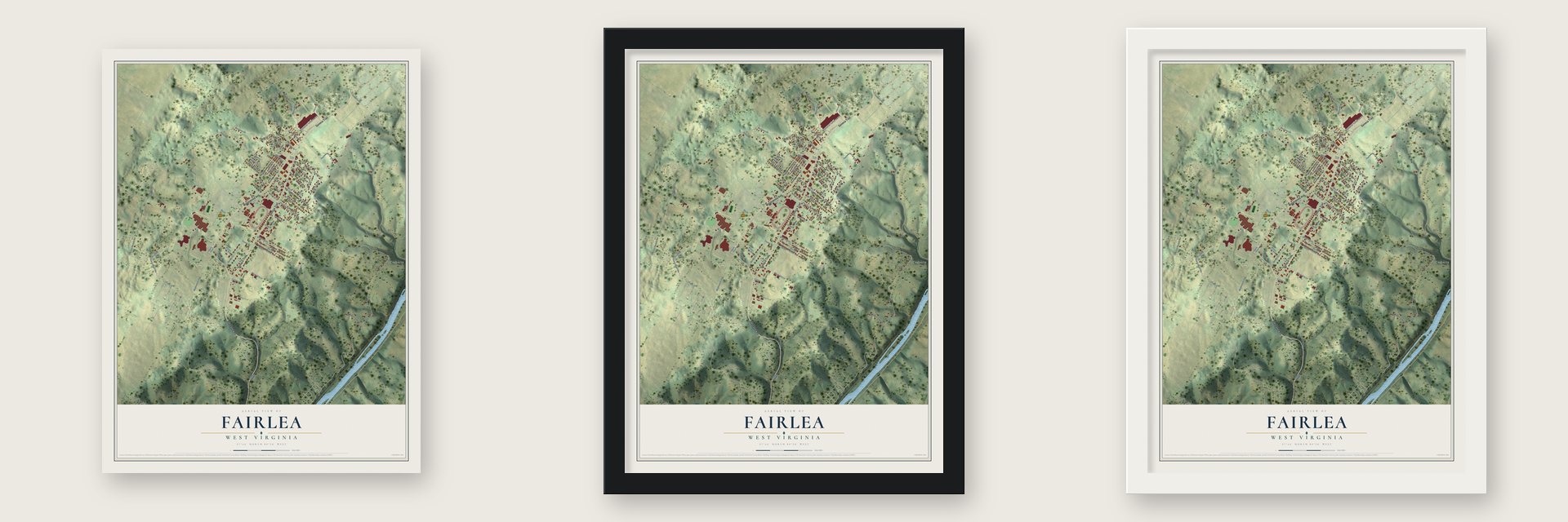 Fairlea, West Virginia map unframed, in a black wood frame and in a white wood frame