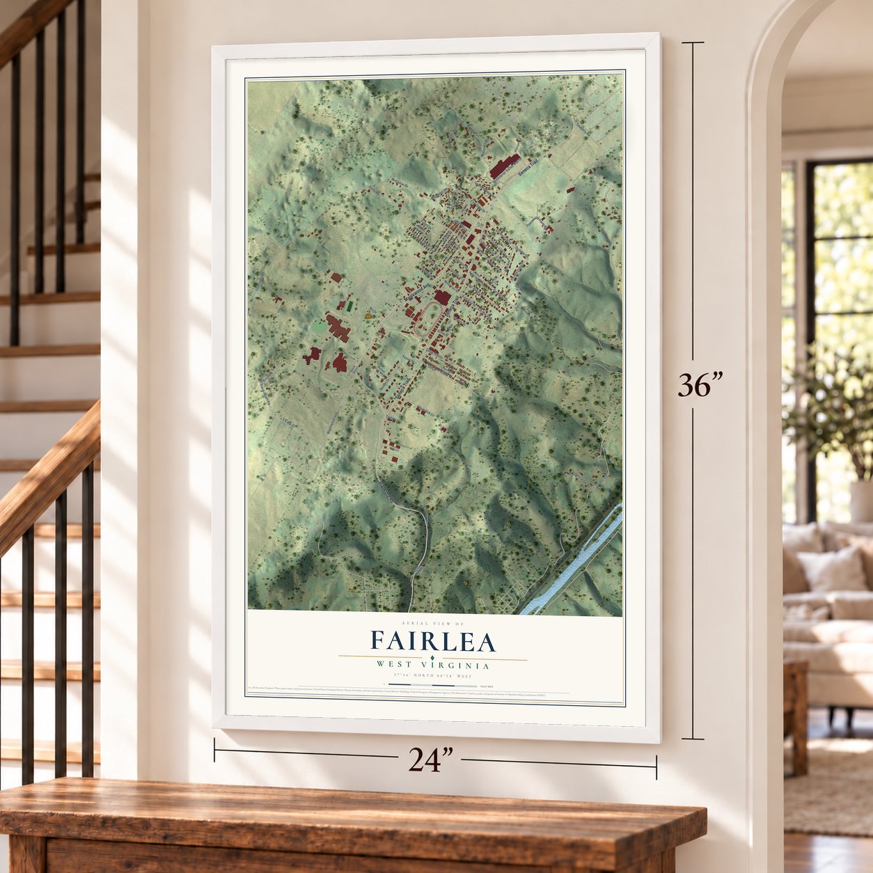 Fairlea, West Virginia map, 24 x 36 inch print in a white frame by a staircase
