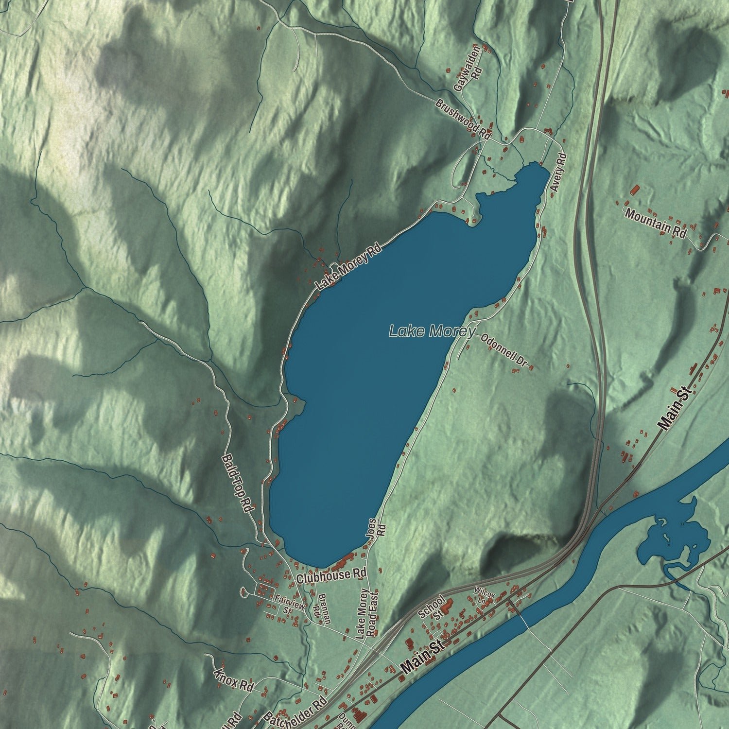 Close-up of the map of Fairlee, Vermont print showing terrain and local geography