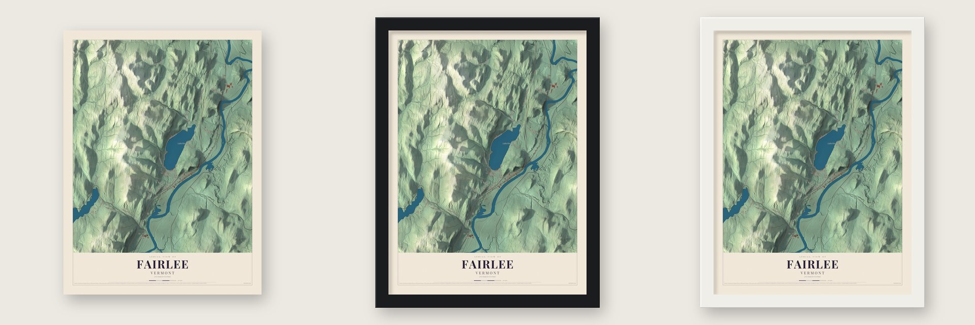 Fairlee, Vermont map unframed, in a black wood frame and in a white wood frame
