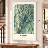 Fairlee, Vermont map, 24 x 36 inch print in a white frame by a staircase