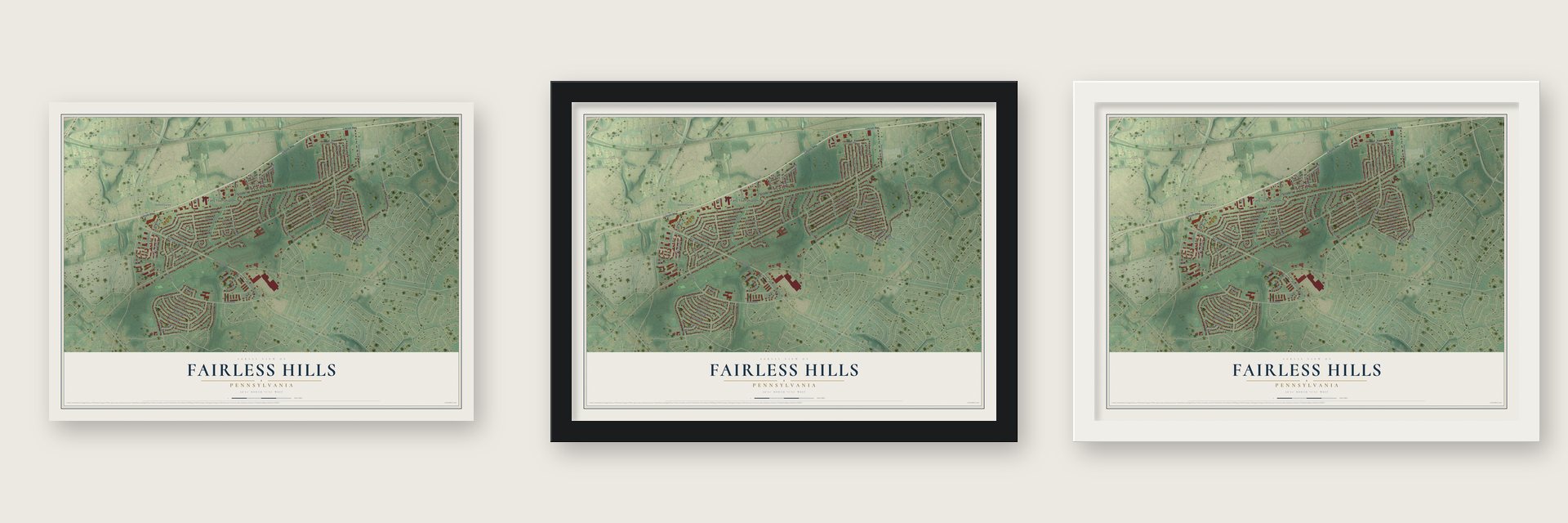 Fairless Hills, Pennsylvania map unframed, in a black wood frame and in a white wood frame