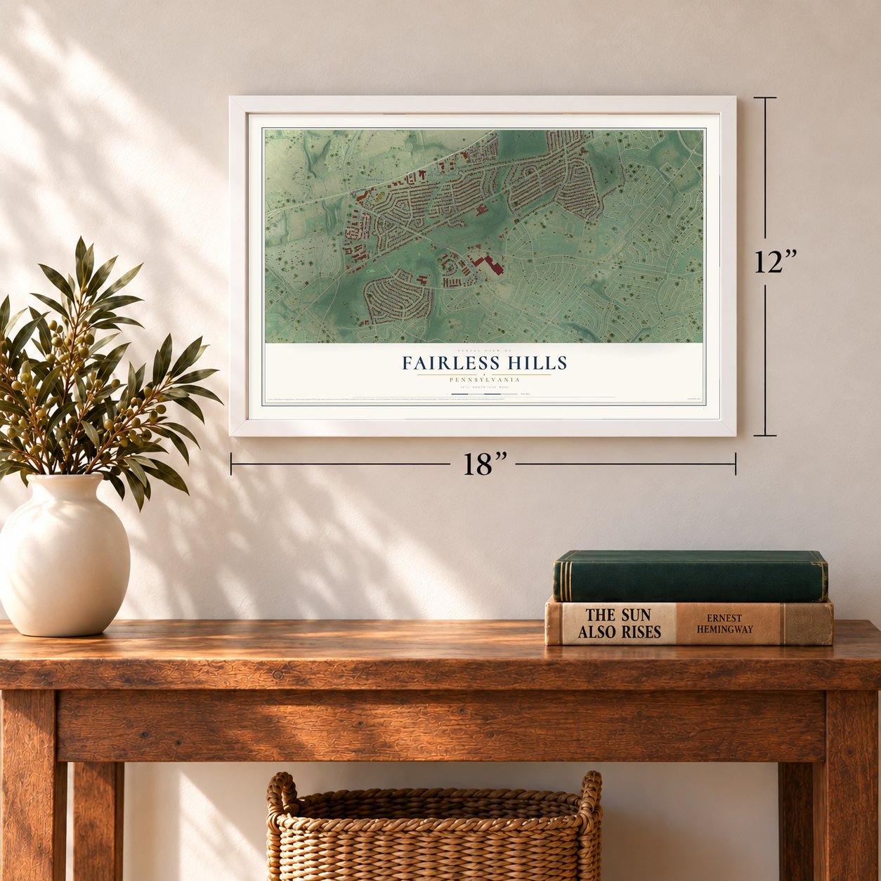 Fairless Hills, Pennsylvania map, 12 x 18 inch print in a white frame in an entryway