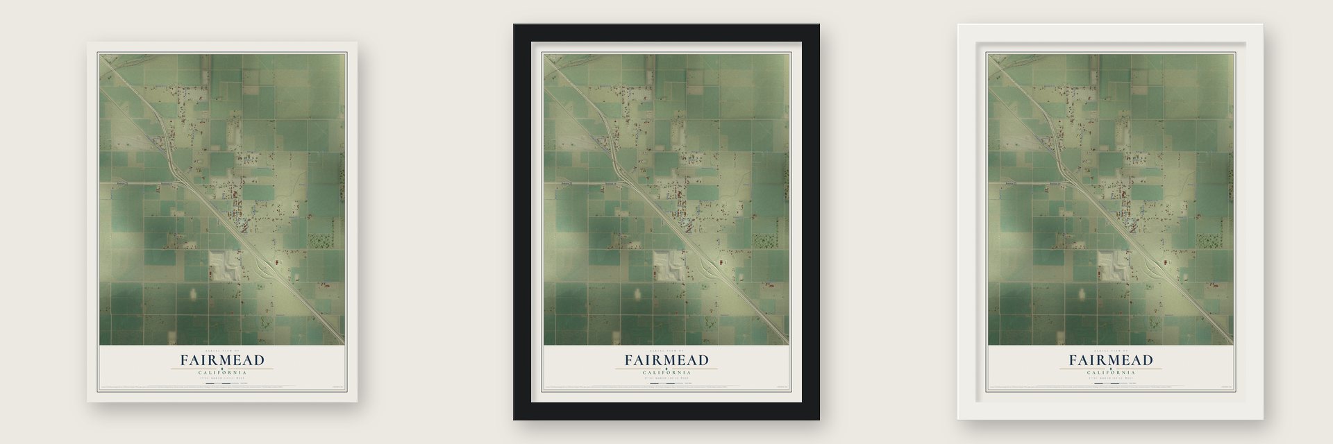 Fairmead, California map unframed, in a black wood frame and in a white wood frame