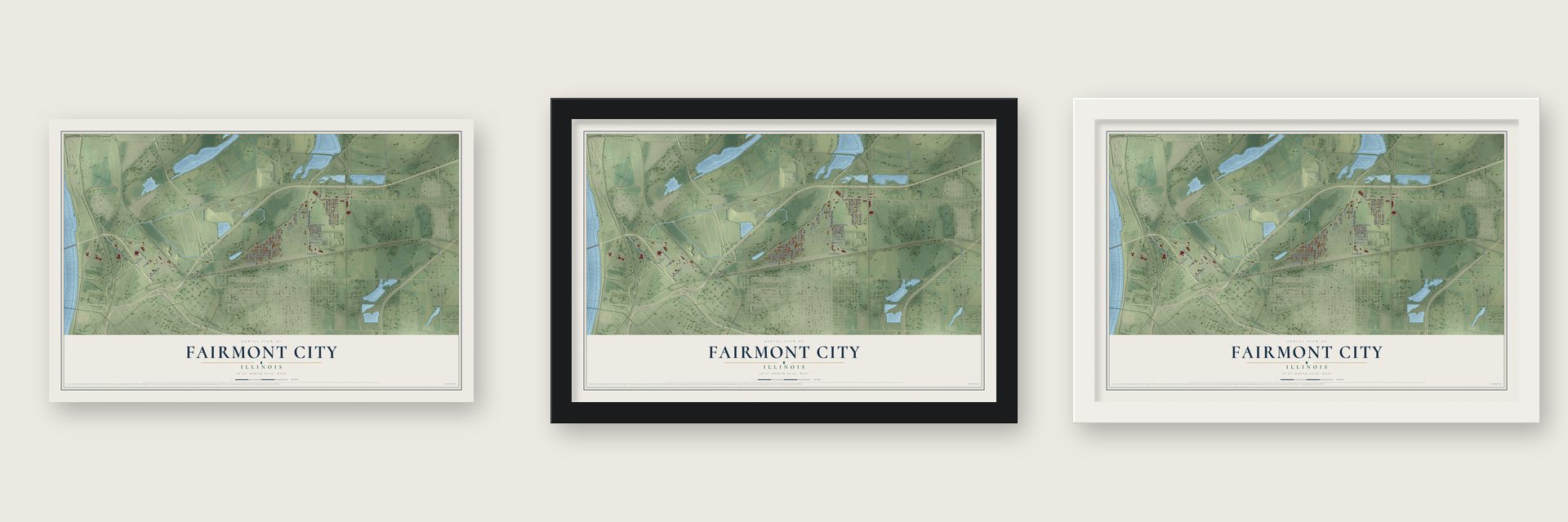 Fairmont City, Illinois map unframed, in a black wood frame and in a white wood frame