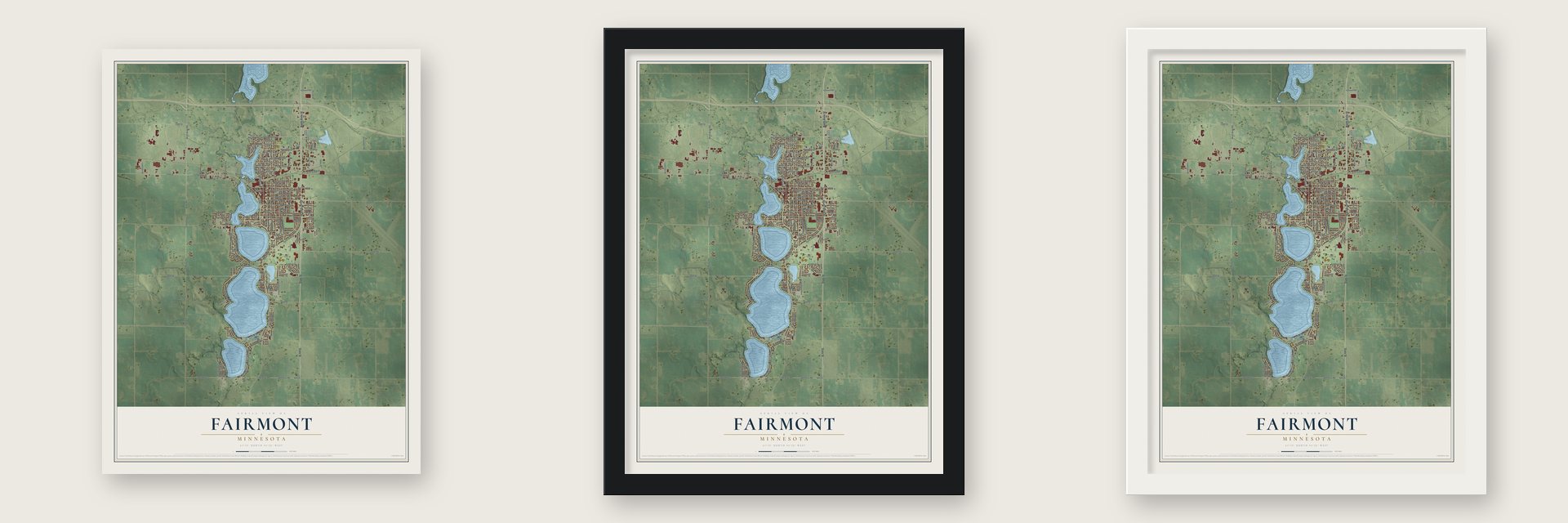 Fairmont, Minnesota map unframed, in a black wood frame and in a white wood frame