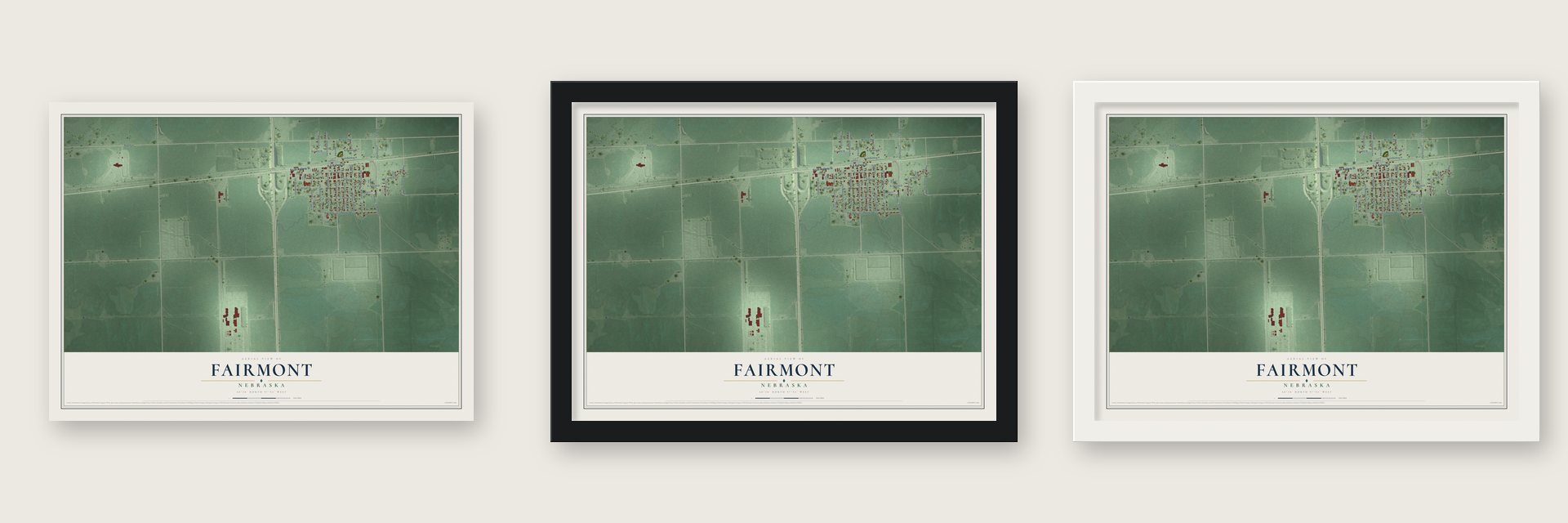 Fairmont, Nebraska map unframed, in a black wood frame and in a white wood frame