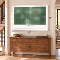 Fairmont, Nebraska map, 24 x 36 inch print in a white frame above a dresser by a staircase