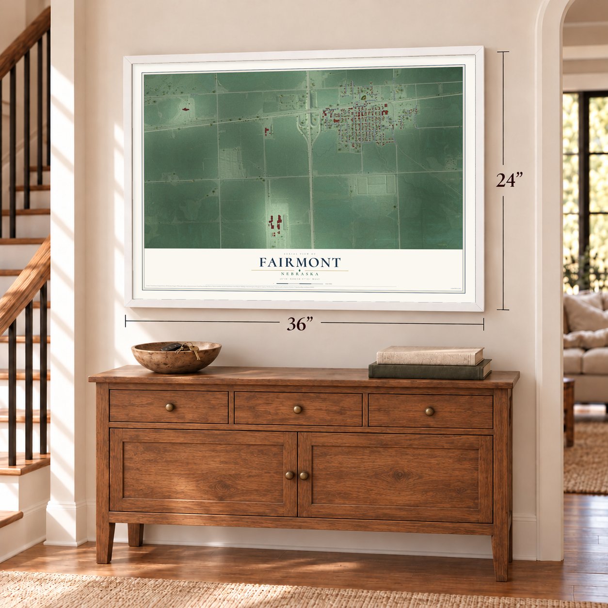 Fairmont, Nebraska map, 24 x 36 inch print in a white frame above a dresser by a staircase