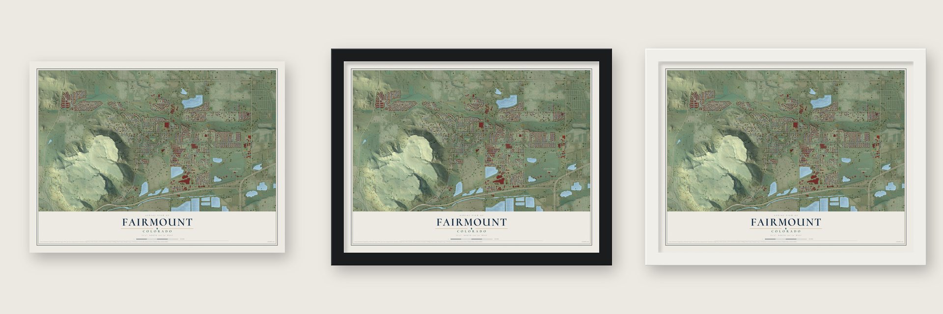 Fairmount, Colorado map unframed, in a black wood frame and in a white wood frame