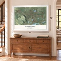 Fairmount, Colorado map, 24 x 36 inch print in a white frame above a dresser by a staircase