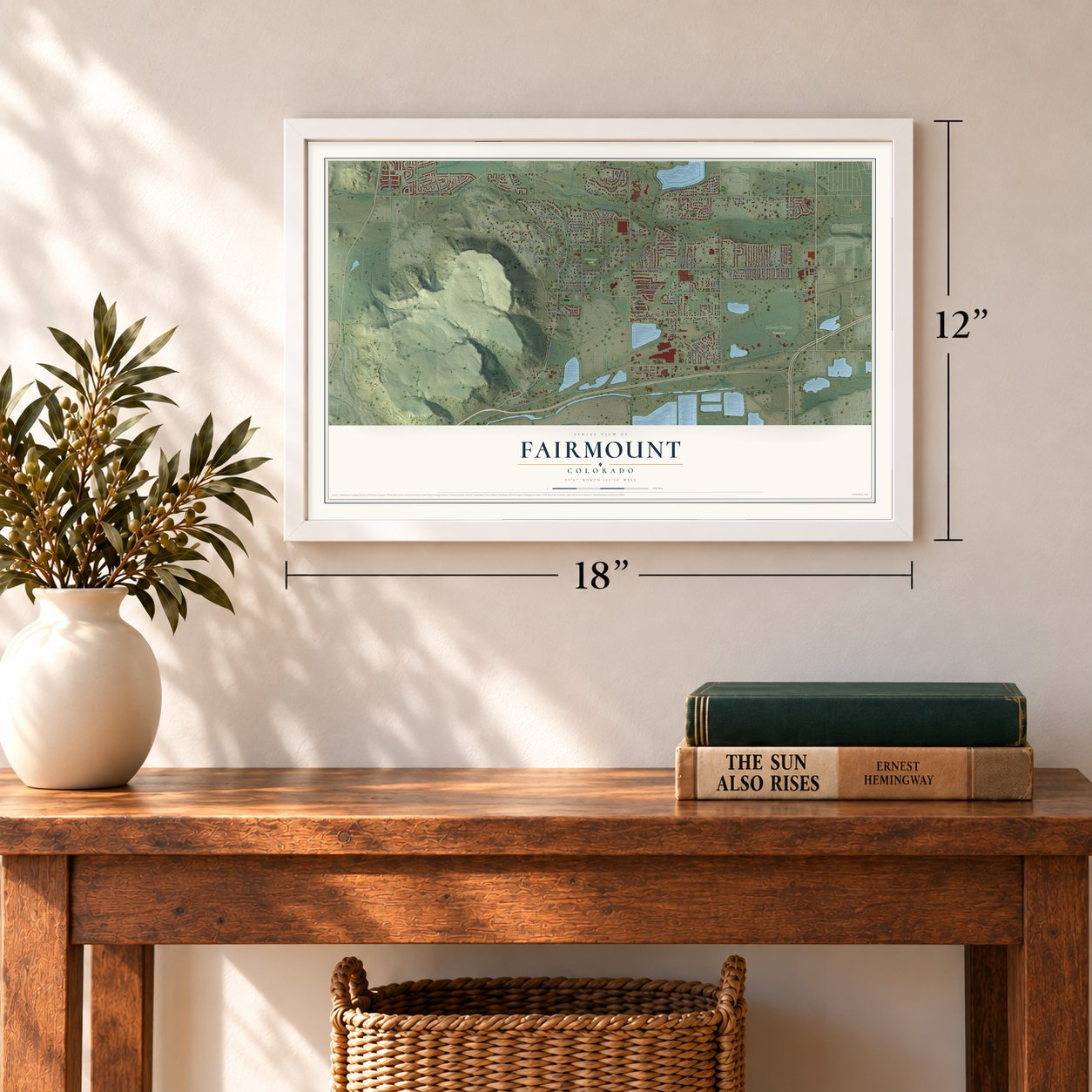 Fairmount, Colorado map, 12 x 18 inch print in a white frame in an entryway
