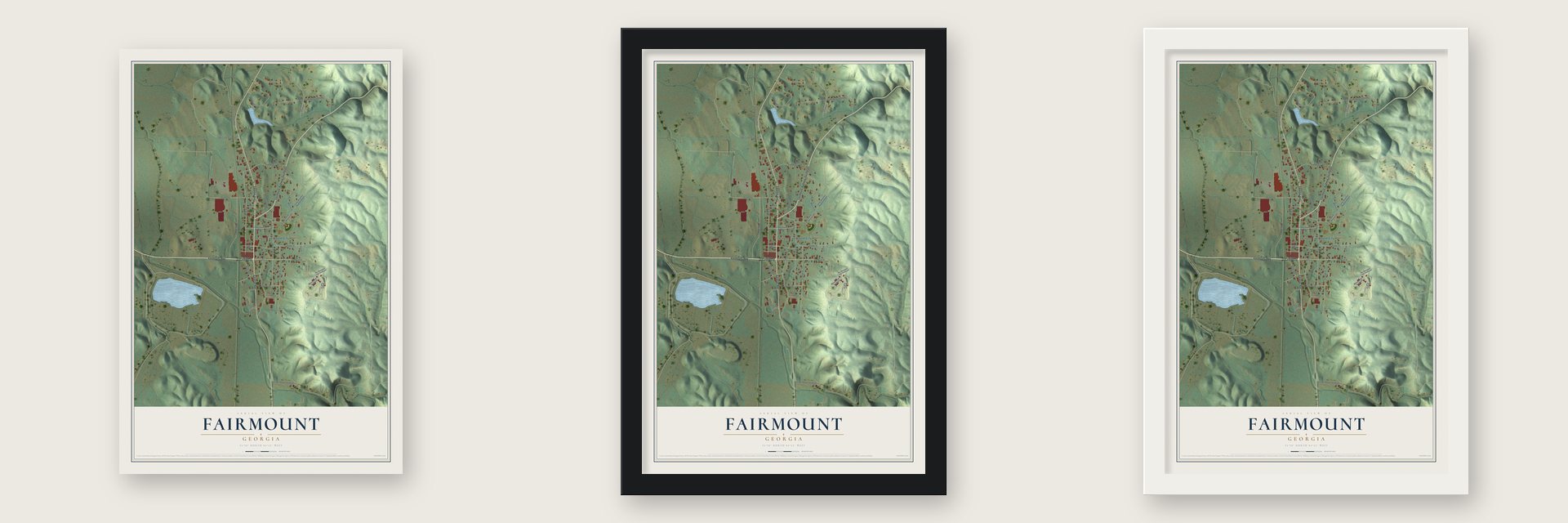 Fairmount, Georgia map unframed, in a black wood frame and in a white wood frame
