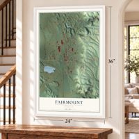 Fairmount, Georgia map, 24 x 36 inch print in a white frame by a staircase