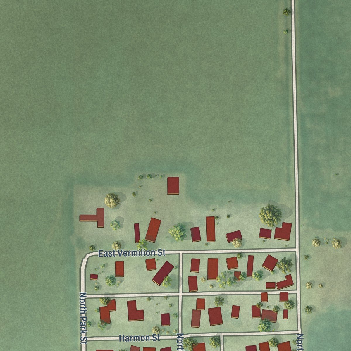 Second close-up of the map of Fairmount, Illinois print showing more streets and buildings