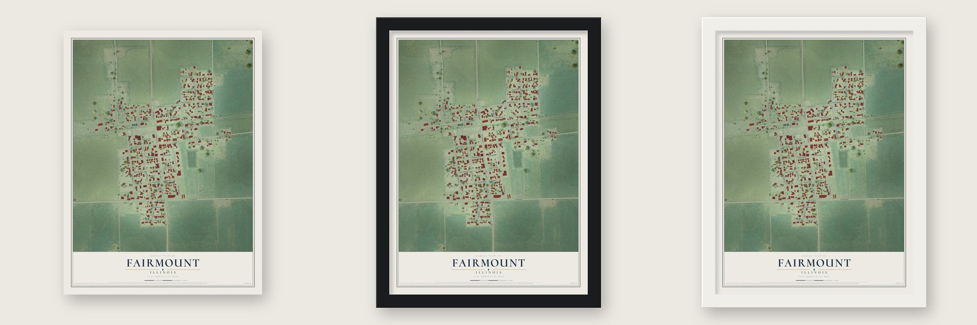 Fairmount, Illinois map unframed, in a black wood frame and in a white wood frame