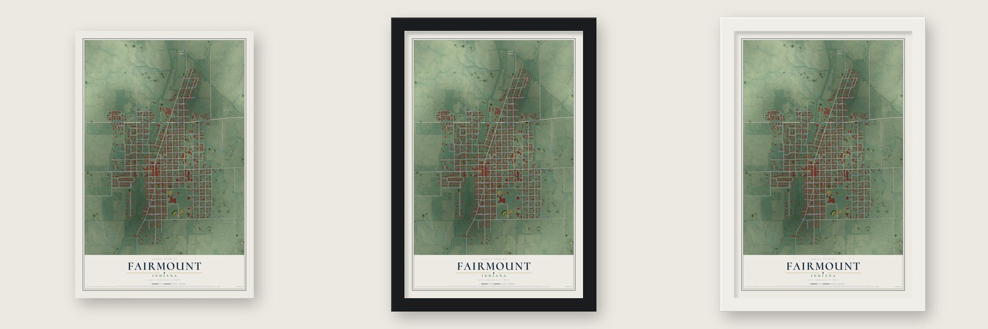 Fairmount, Indiana map unframed, in a black wood frame and in a white wood frame