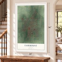 Fairmount, Indiana map, 24 x 36 inch print in a white frame by a staircase