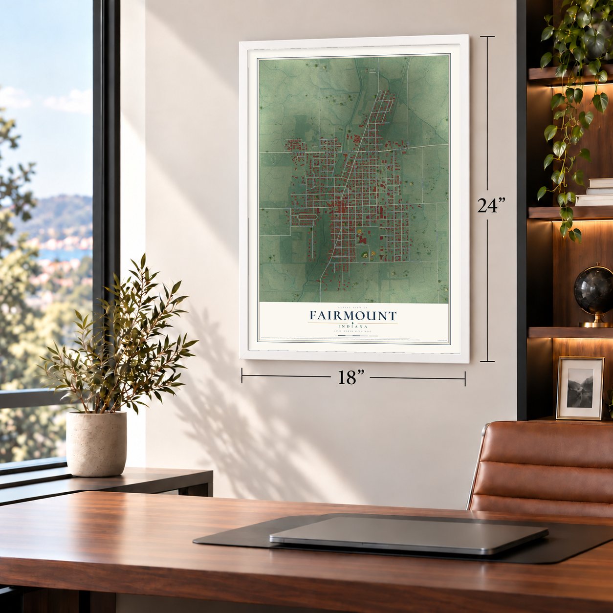 Fairmount, Indiana map, 18 x 24 inch print in a white frame in a home office
