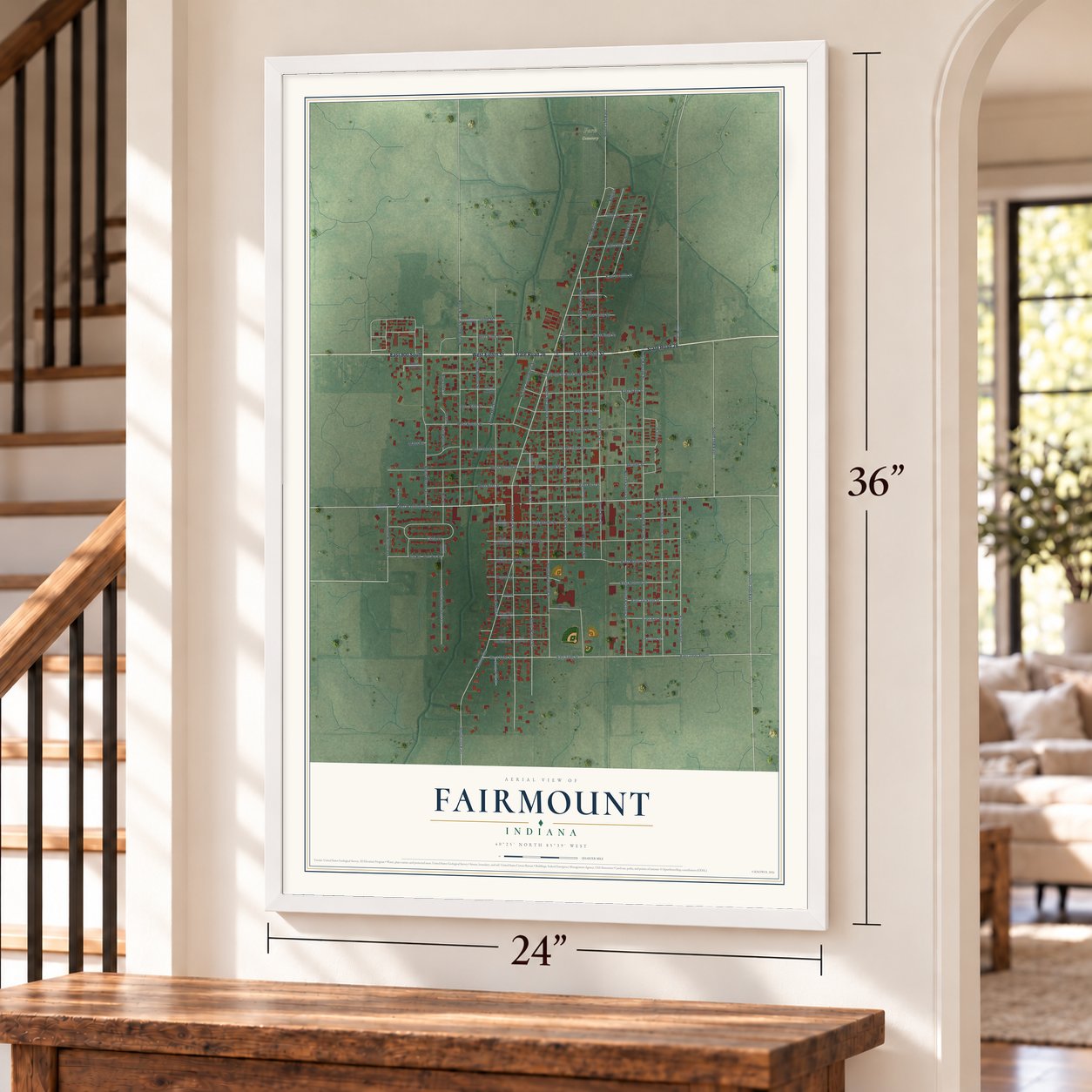 Fairmount, Indiana map, 24 x 36 inch print in a white frame by a staircase