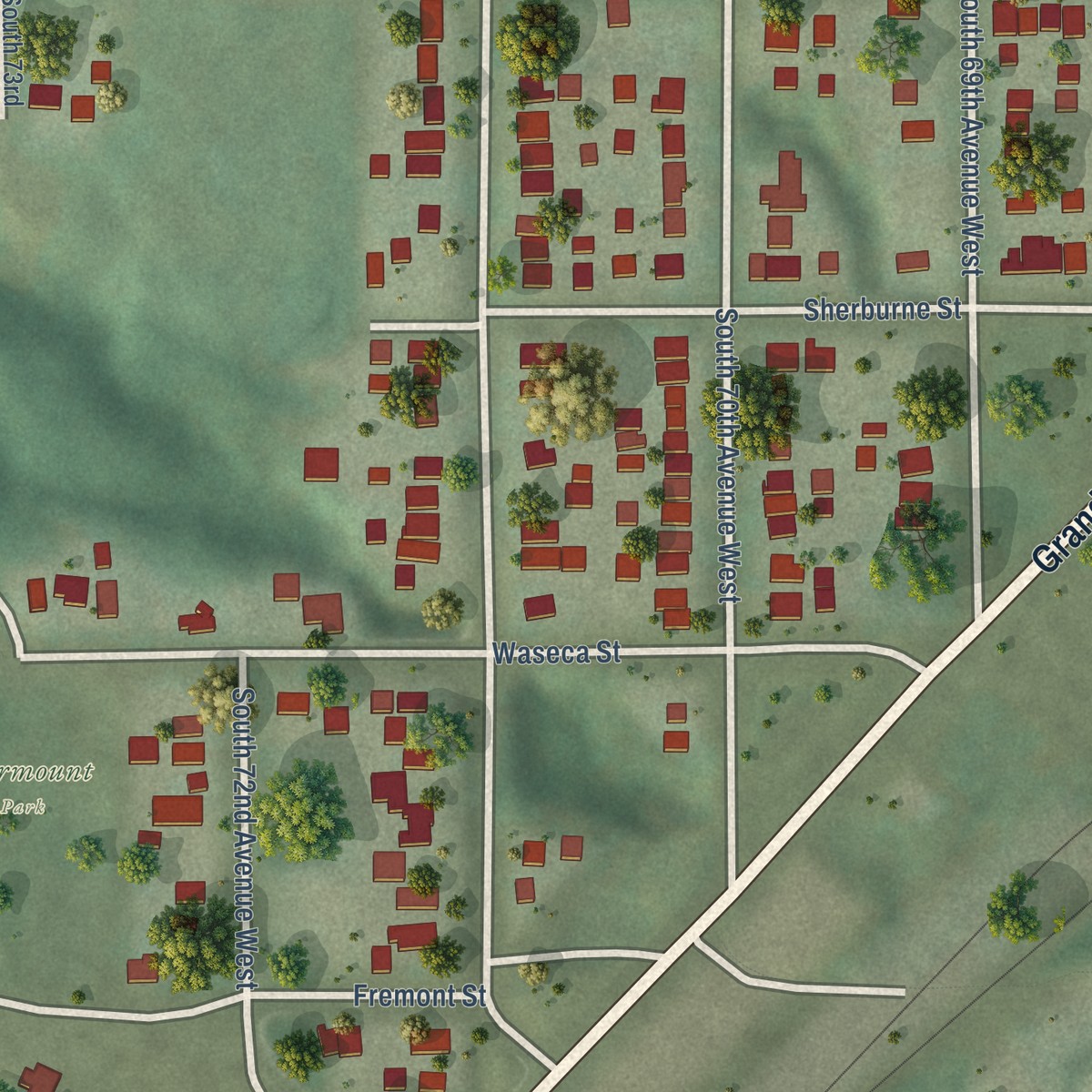 Second close-up of the map of Fairmount, Minnesota print showing more streets and buildings