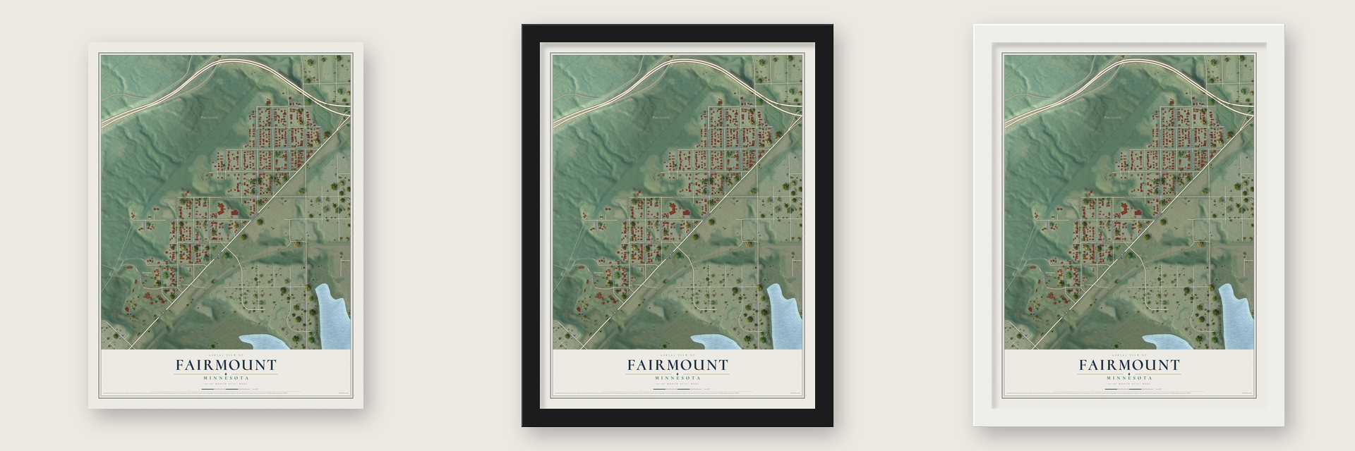 Fairmount, Minnesota map unframed, in a black wood frame and in a white wood frame