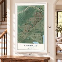 Fairmount, Minnesota map, 24 x 36 inch print in a white frame by a staircase