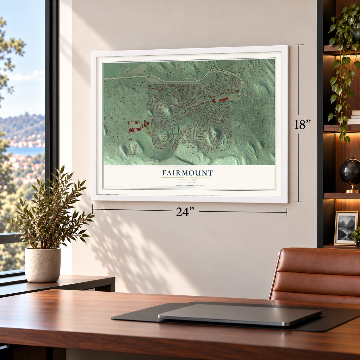 Fairmount, New York map, 18 x 24 inch print in a white frame in a home office
