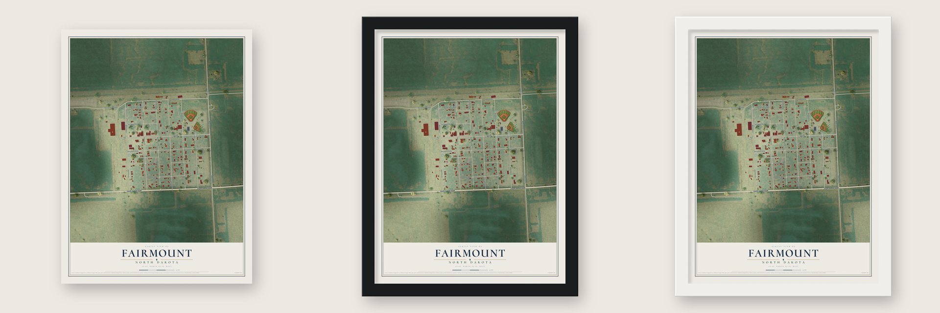 Fairmount, North Dakota map unframed, in a black wood frame and in a white wood frame