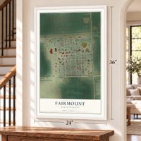 Fairmount, North Dakota map, 24 x 36 inch print in a white frame by a staircase