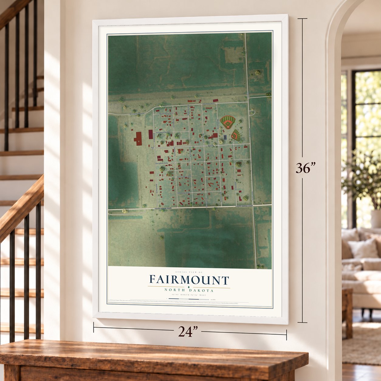 Fairmount, North Dakota map, 24 x 36 inch print in a white frame by a staircase