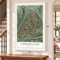 Fairmount Park, California map, 24 x 36 inch print in a white frame by a staircase