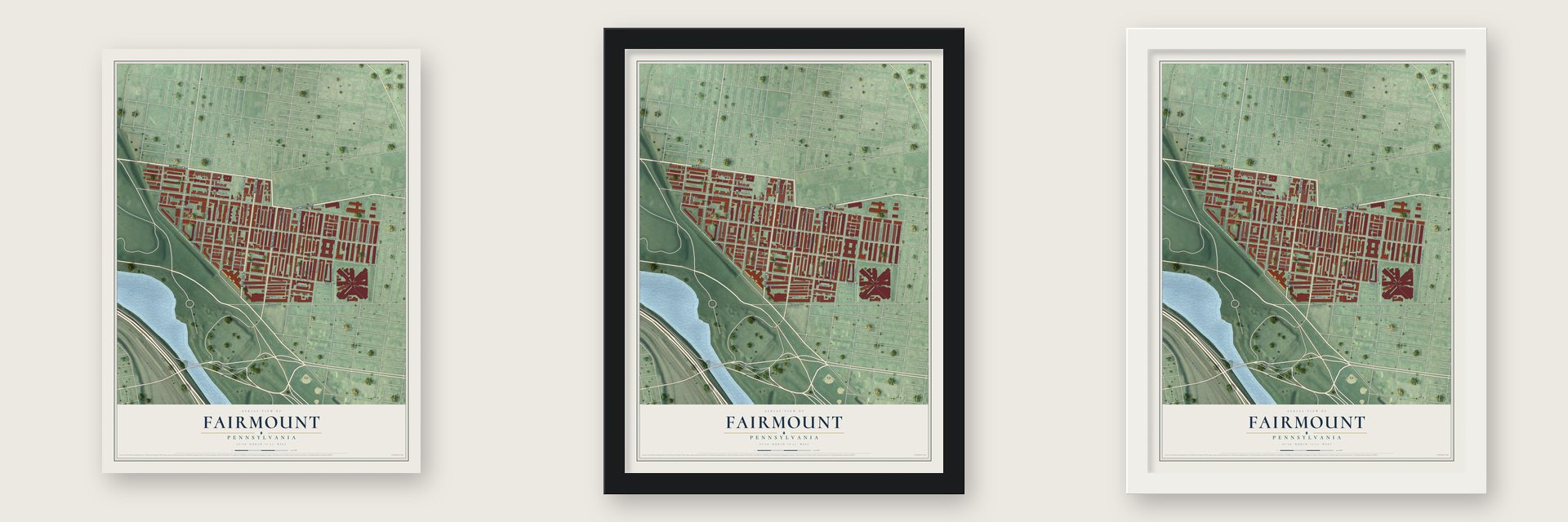 Fairmount, Philadelphia, Pennsylvania map unframed, in a black wood frame and in a white wood frame