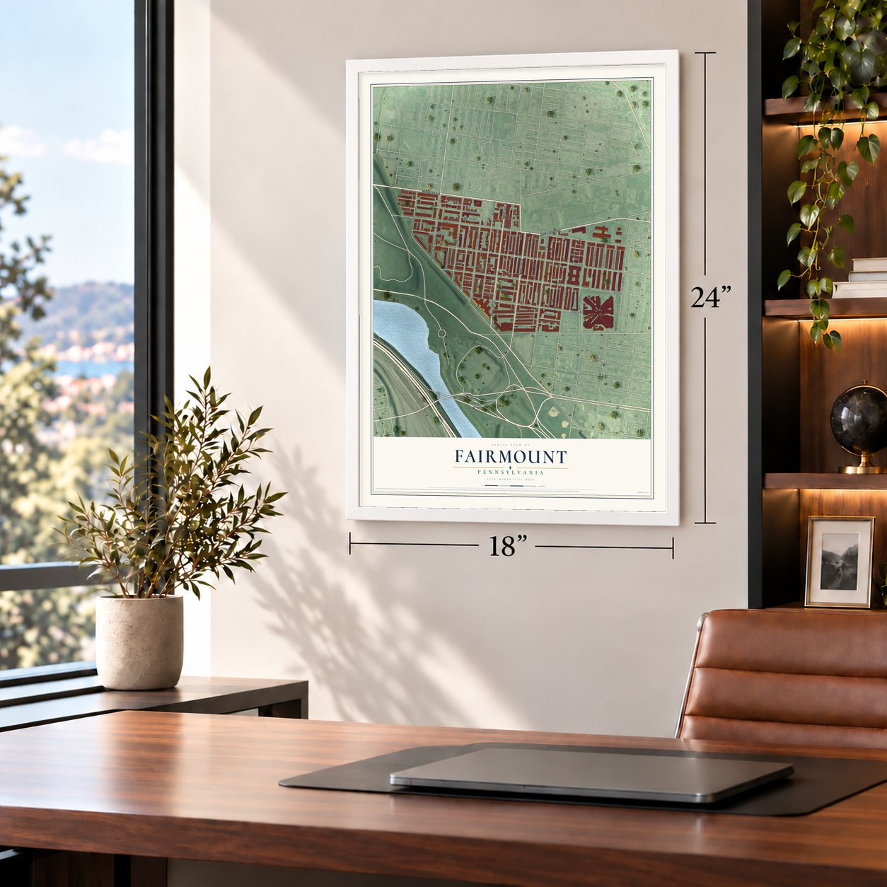 Fairmount, Philadelphia, Pennsylvania map, 18 x 24 inch print in a white frame in a home office