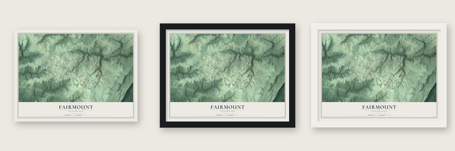 Fairmount, Tennessee map unframed, in a black wood frame and in a white wood frame